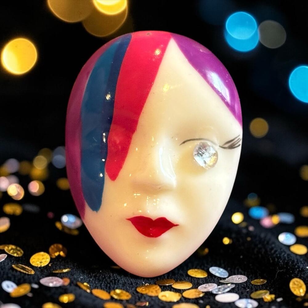 Ziggy Stardust Face Brooch Neon Art Deco Glam Resin Mask Pin Rhinestone Eye